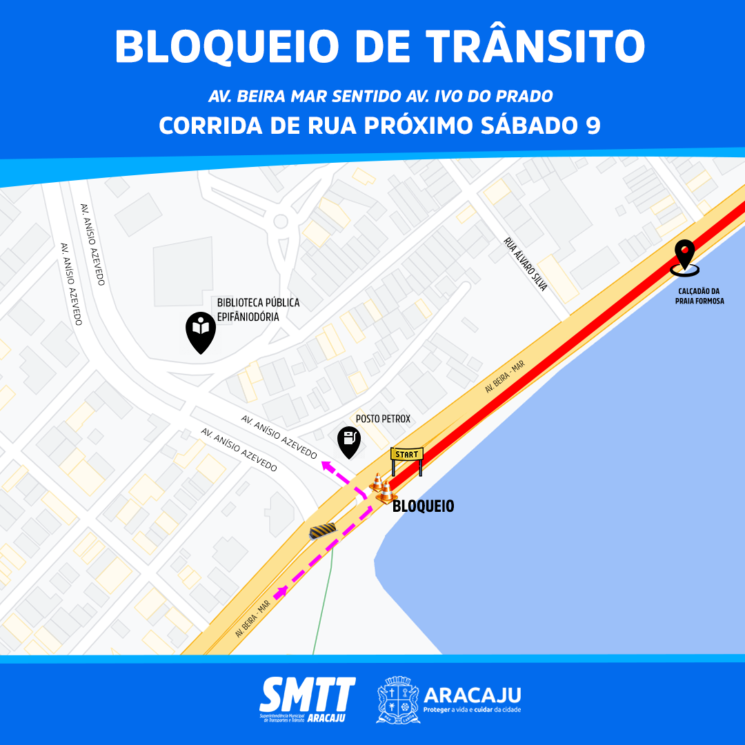 Avenida Beira Mar terá trecho bloqueado temporariamente no próximo sábado, 9 - SMTT Aracaju